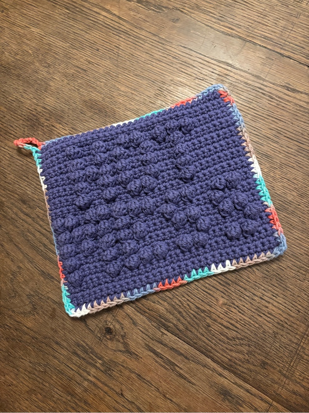 Hand Crafted Crochet “HOT MESS” Potholder in Navy with Multicolor Trim